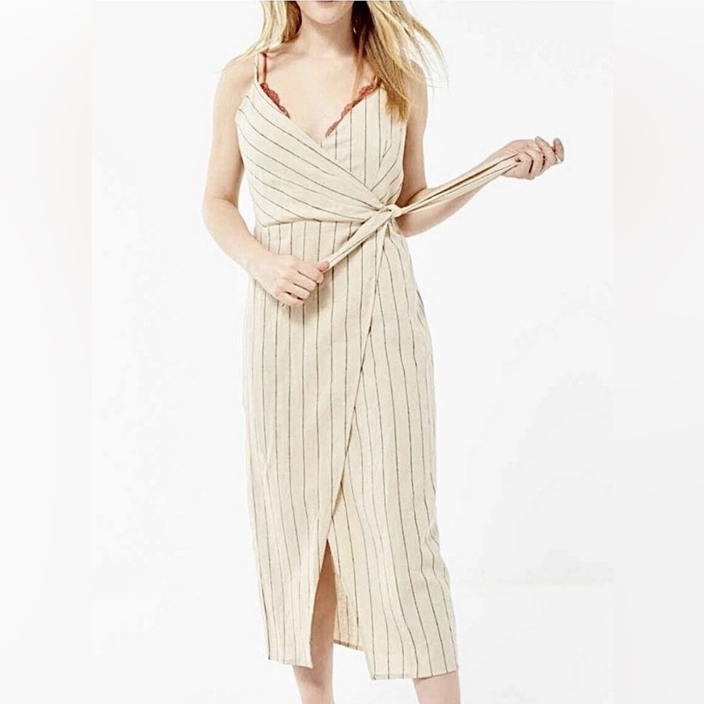 URBAN OUTFITTERS Striped Wrap Midi Dress in Cream and Black - Picture 6 of 11
